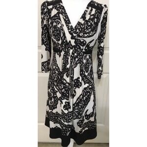 Sangria Paisley Print Dress V-Neck 3/4 Sleeve Black White Elegant Comfy Size‎ 8